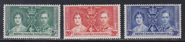 Africa | King George VI Coronation Set of Three Kenya Uganda Tanganyika Postage Stamps Issued 1937 Green, Orange, Bright blue Africa Africa