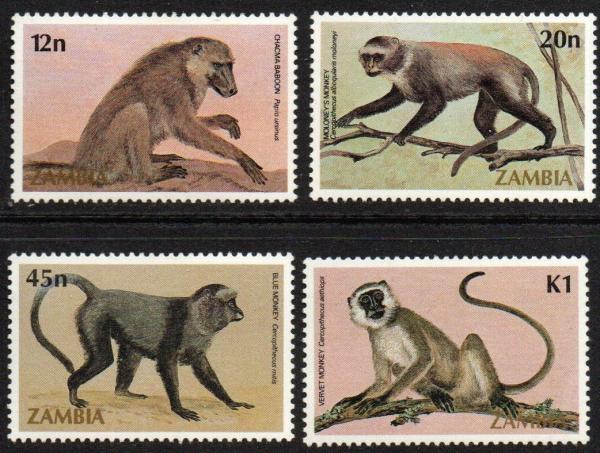 Africa | Primates Set of Four Zambia Postage Stamps Issued 1985 Multicolor Africa Africa