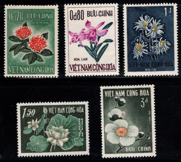 Asia | Flowers Set of Five Vietnam Postage Stamps Issued 1965 Multicolor Asia Asia