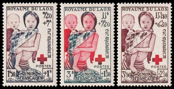 Asia | Red Cross Set of Three Laos Postage Stamps Issued 1953 Multicolor Asia Asia