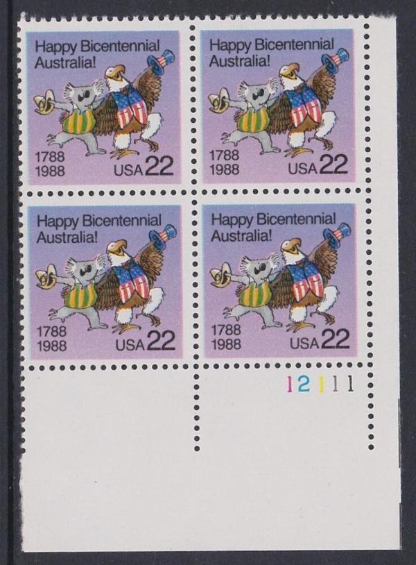 Australia and Oceania | 1988 Australia Bicentennial Plate Block of Four 22-Cent United States Postage Stamps Multicolored Australia & Oceania Australia & Oceania