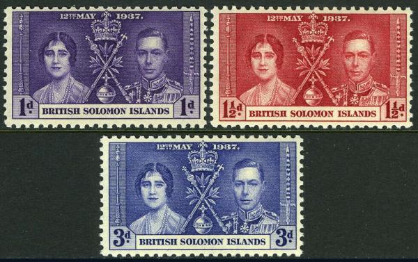 Australia and Oceania | Coronation of King George VI Set of Three Solomon Islands Postage Stamps Issued 1937 Violet, Carmine, and Dark ultramarine Australia & Oceania Australia & Oceania