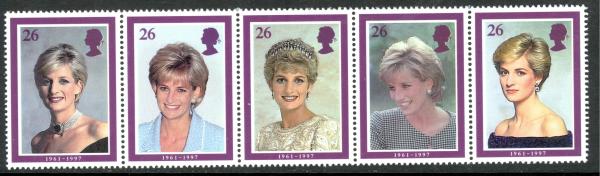 Britain and Ireland | 1998 Diana Princess of Wales Collectible Strip of 5 Great Britain Postage Stamps Mint Never Hinged Multicolor Britain & Ireland Britain & Ireland