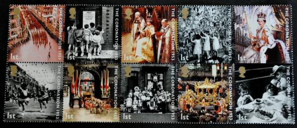 Britain and Ireland | Coronation of Queen Elizabeth II Anniversary Block of Ten Great Britain Postage Stamps Issued 2003 Multicolor Britain & Ireland Britain & Ireland