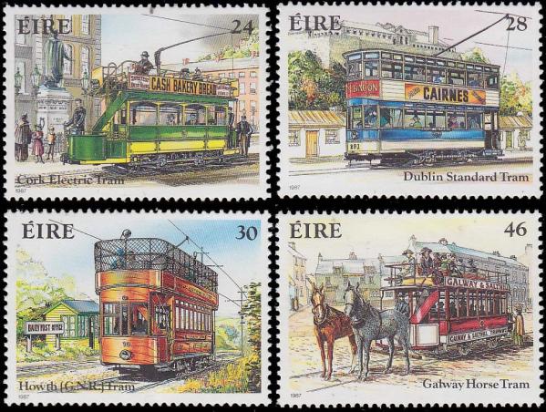 Britain and Ireland | Irish Trams Set of Four Ireland Postage Stamps Depicting Trolleys Multicolor Britain & Ireland Britain & Ireland
