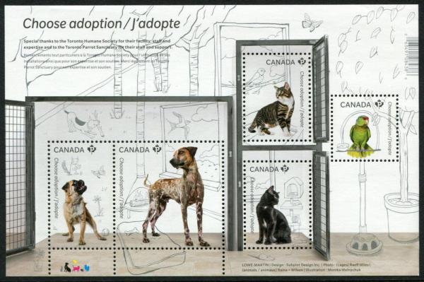 Canada | 2013 Pet Adoption Miniature Sheet of 5 Canada Postage Stamps Cats Dogs Bird Mint Never Hinged Multicolor Canada Canada