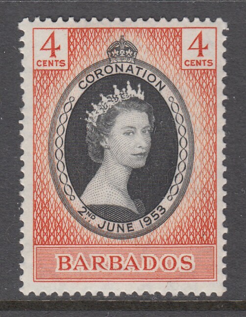 Central & South America | 1953 Coronation of Queen Elizabeth II Barbados Postage Stamp Mint Never Hinged Black | Red orange Central & South America Black
