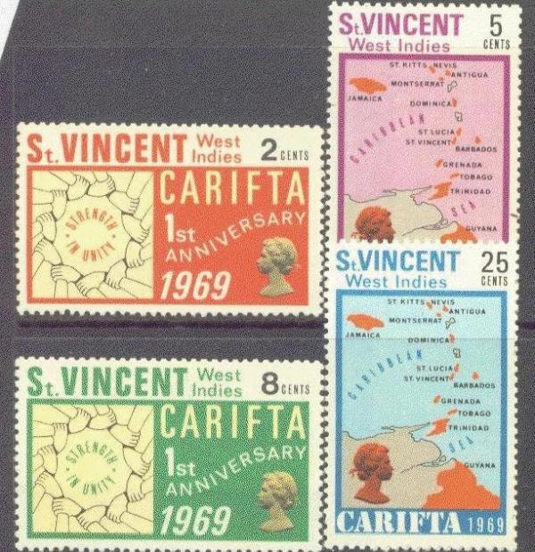 Central & South America | 1969 CARIFTA First Anniversary Set of 4 St Vincent Postage Stamps Mint Never Hinged Multicolor Central & South America Central & South America