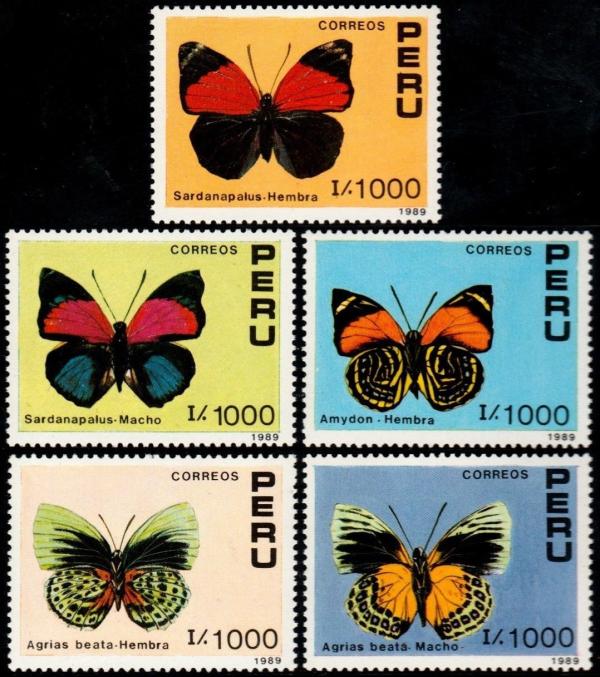 Central & South America | 1990 Butterflies Set of Five Peru Postage Stamps Mint Never Hinged Multicolor Central & South America Central & South America