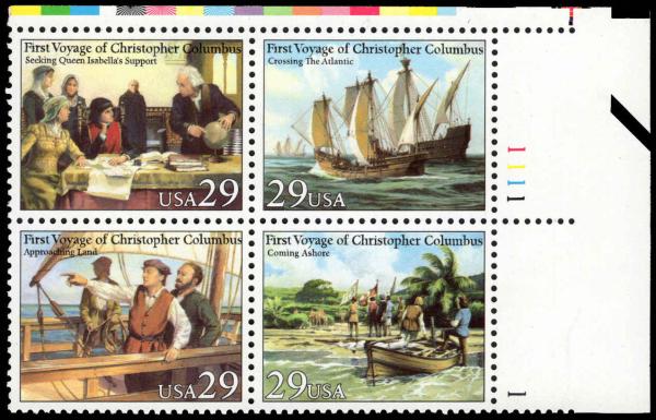 Central & South America | 1992 First Voyage of Christopher Columbus Plate Block of Four US 29-Cent Postage Stamps Mint Never Hinged Multicolored Central & South America Central & South America