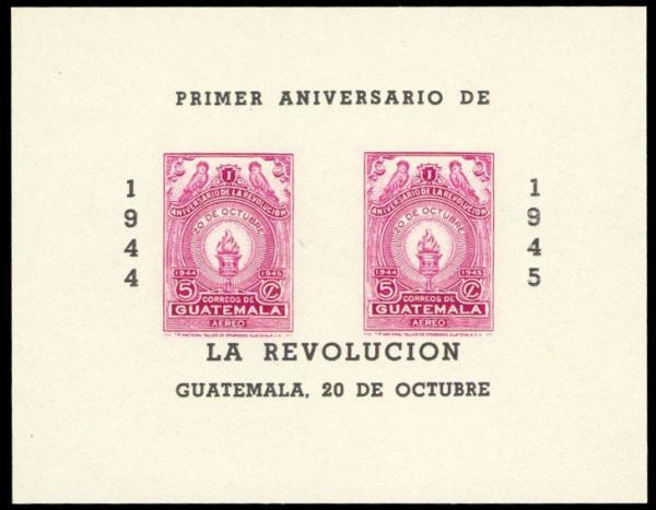 Central & South America | Anniversary of October Revolution Guatemala Souvenir Sheet of Two Air Mail Postage Stamps Issued 1945 Multicolor Central & South America Central & South America