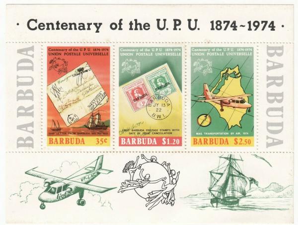 Central & South America | Centenary of the Universal Postal Union Barbuda Souvenir Sheet of Three Postage Stamps Issued 1974 Multicolor Central & South America Central & South America