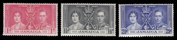 Central & South America | Coronation of King George VI Set of Three Jamaica Postage Stamps Issued 1937 red, grey black, blue Central & South America Central & South America