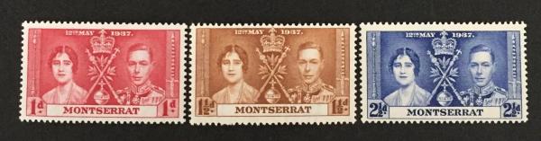 Central & South America | Coronation of King George VI Set of Three Montserrat Postage Stamps Issued 1937 Scarlet, Yellow brown, and Bright blue Central & South America Central & South America