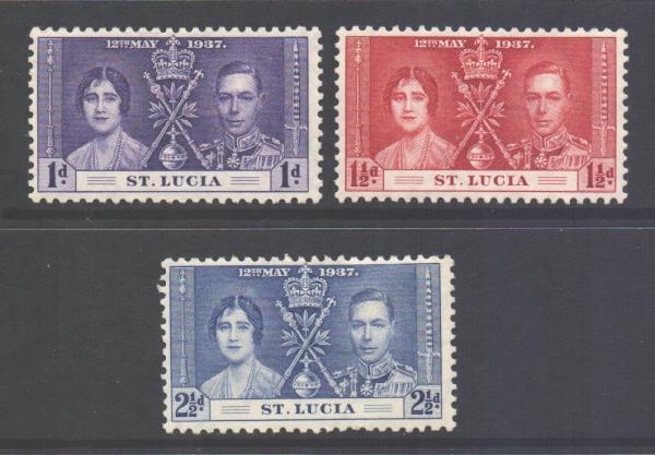 Central & South America | Coronation of King George VI Set of Three St Lucia Postage Stamps Issued 1937 Violet, Carmine, and Blue Central & South America Central & South America