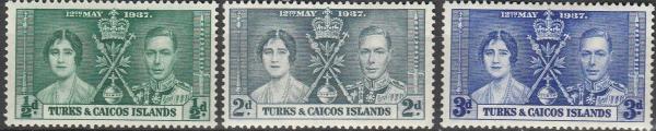 Central & South America | Coronation of King George VI Set of Three Turks and Caicos Postage Stamps Issued 1937 Green, Slate, and Bright blue Central & South America Central & South America