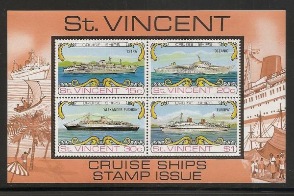 Central & South America | Cruise Ships St Vincent Souvenir Sheet of Four Postage Stamps Issued 1974 Multicolor Central & South America Central & South America