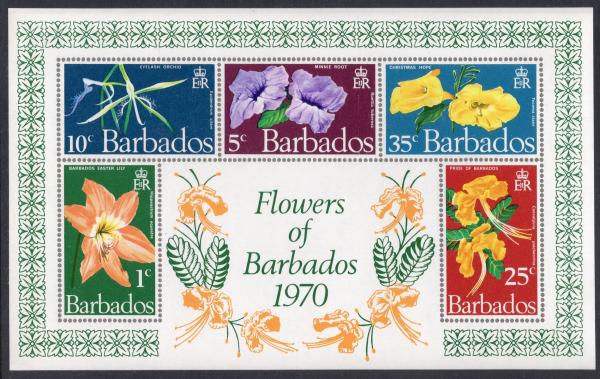 Central & South America | Native Flowers Souvenir Sheet of Five Barbados Postage Stamps Issued 1970 Multicolor Central & South America Central & South America