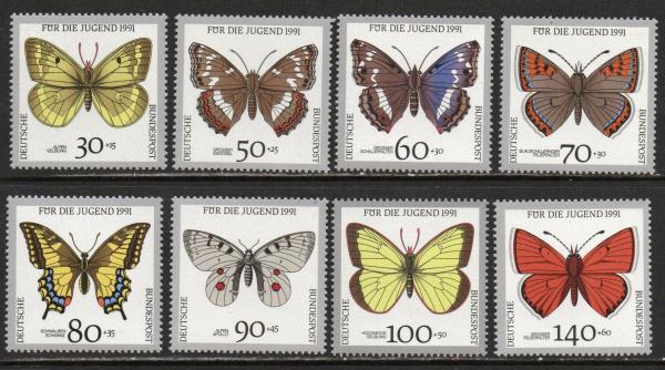 Europe | 1991 Endangered Butterflies Set of Eight Germany Postage Stamps Multicolor Europe Europe