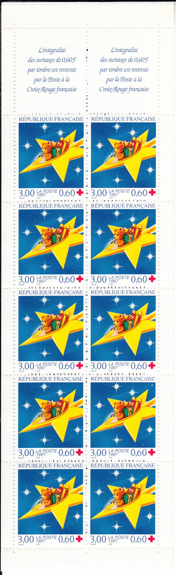 Europe | 1997 Teddy Bear Delivering Christmas Presents France Booklet of Ten Postage Stamps Multicolor Europe Europe
