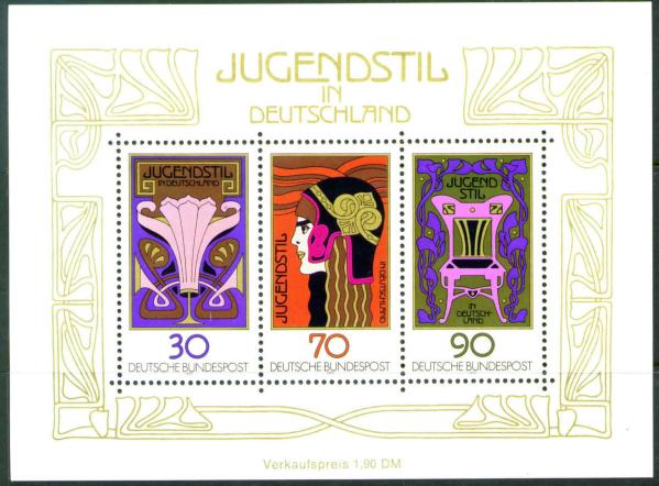 Europe | Art Nouveau in Germany Souvenir Sheet of Three Postage Stamps Issued 1977 Multicolor Europe Europe