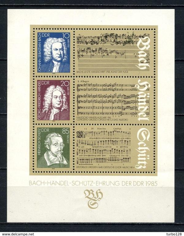 Europe | Bach Handel Schutz East Germany Souvenir Sheet of Three Postage Stamps Issued 1985 Multicolor Europe Europe