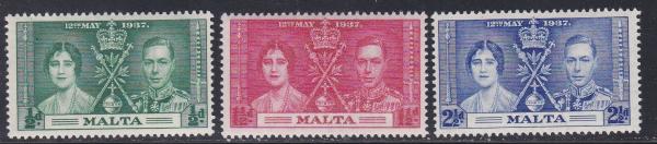 Europe | Coronation of King George VI Set of Three Malta Postage Stamps Issued 1937 Green, Red, and Bright blue Europe Europe