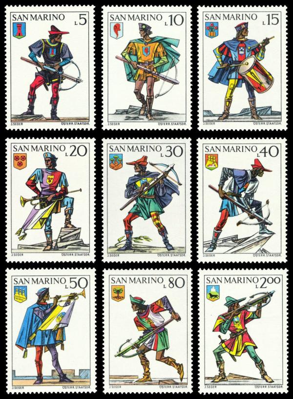 Europe | Crossbow Tournament Set of Nine San Marino Postage Stamps Issued 1973 Multicolor Europe Europe