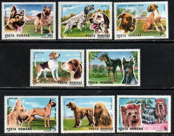 Europe | Dog Breeds Set of Eight Romania Postage Stamps Issued 1990 Multicolor Europe Europe