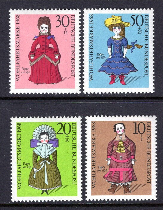 Europe | Dolls Set of Four Germany Postage Stamps Issued 1968 Multicolor Europe Europe