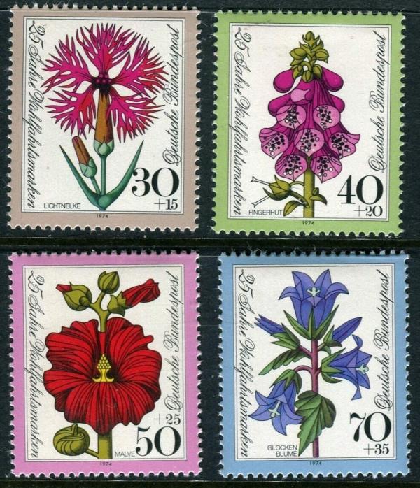 Europe | Flowers Set of Four Germany Postage Stamps Issued 1974 Multicolor Europe Europe