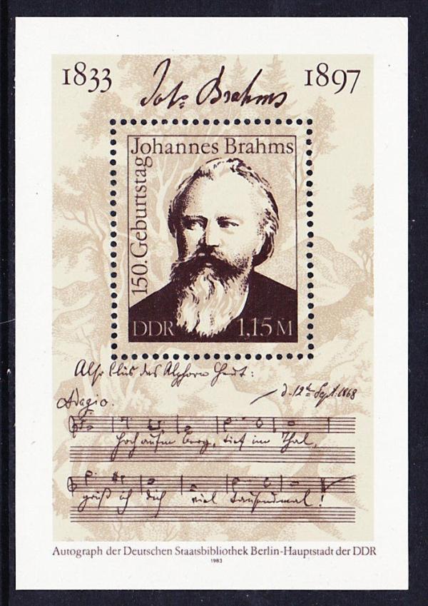 Europe | Johannes Brahms East Germany Postage Stamp Souvenir Sheet Issued 1983 Multicolor Europe Europe