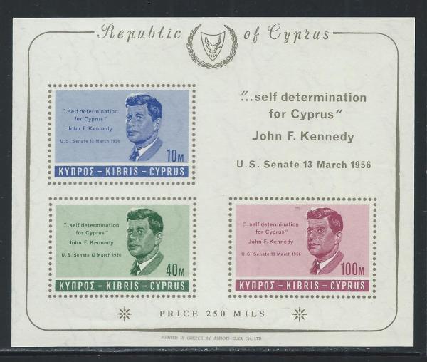 Europe | John F Kennedy Cyprus Souvenir Sheet of Three Postage Stamps Issued 1965 Multicolor Europe Europe