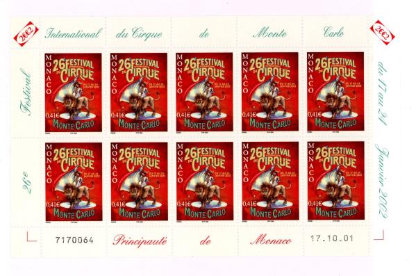 Europe | Monte Carlo Circus Festival Miniature Sheet of Ten Monaco Postage Stamps Issued 2002 Multicolor Europe Europe