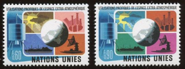 Europe | Peaceful Use of Outer Space Set of Two United Nations Geneva Postage Stamps Issued 1975 Multicolor Europe Europe