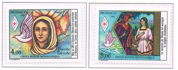 Europe | St Devote Red Cross Set of Two Monaco Postage Stamps Issued 1987 Multicolor Europe Europe