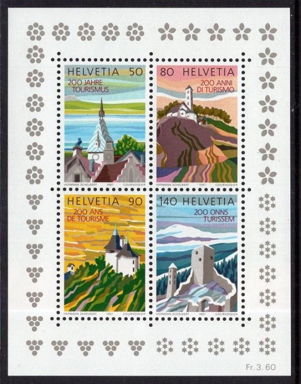 Europe | Swiss Castles and Churches Switzerland Souvenir Sheet of Four Postage Stamps Issued 1987 Multicolor Europe Europe
