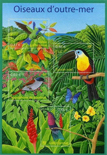 Europe | Tropical Birds Souvenir Sheet of Four France Postage Stamps Issued 2003 Multicolor Europe Europe