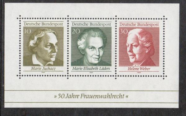 Europe | Women Suffrage Souvenir Sheet of Three Germany Postage Stamps Issued 1969 Multicolor Europe Europe