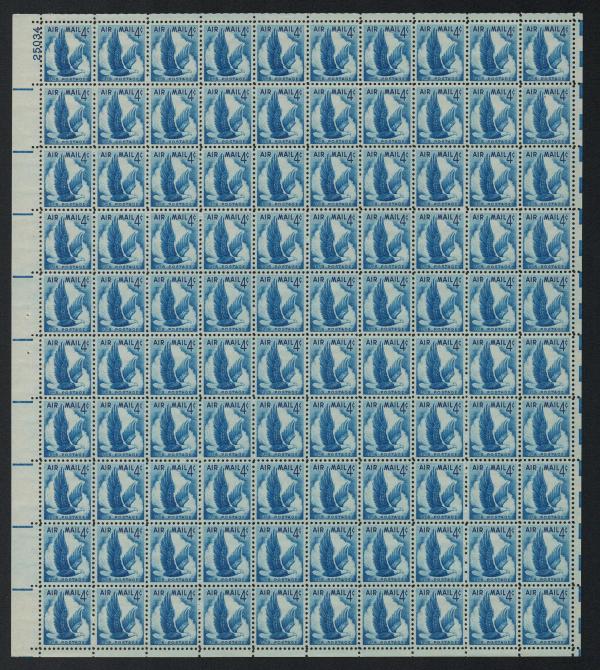 United States | 1954 Eagle in Flight Sheet of One Hundred US 4-Cent Air Mail Postage Stamps blue Stamp Blue