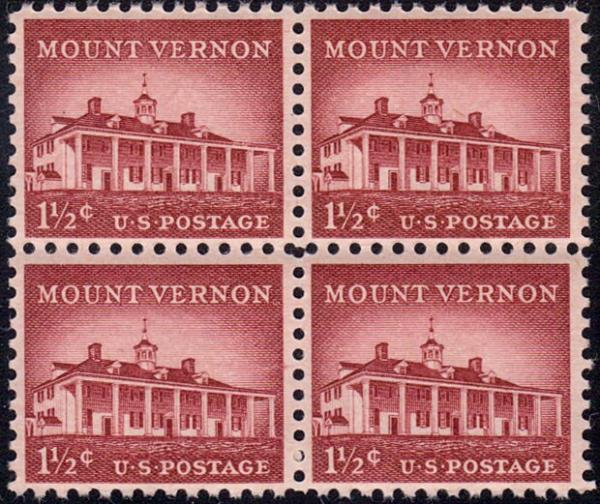 United States | 1956 1-1/2c Mount Vernon Block of 4 US Postage Stamps Mint Never Hinged Brown carmine Stamp Brown carmine