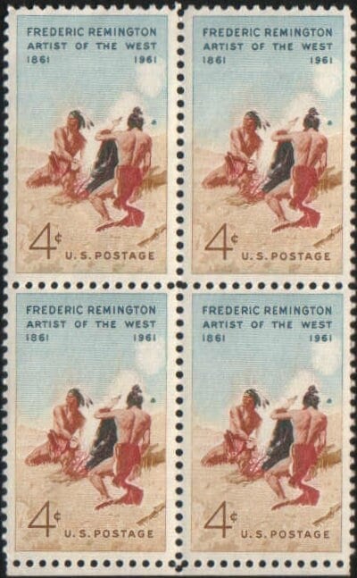 United States | 1961 Frederic Remington Block of Four 4-Cent US Postage Stamps Native Americans Mint Never Hinged Multicolored Stamp Multicolored