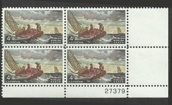United States | 1962 Winslow Homer Plate Block of Four 4-Cent United States Postage Stamps Multicolored Stamp Multicolored