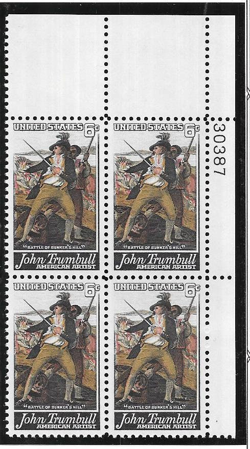 United States | 1968 John Trumbull Battle of Bunker’s Hill Plate Block of Four US Postage Stamps Mint Never Hinged  Multicolored Stamp Multicolored