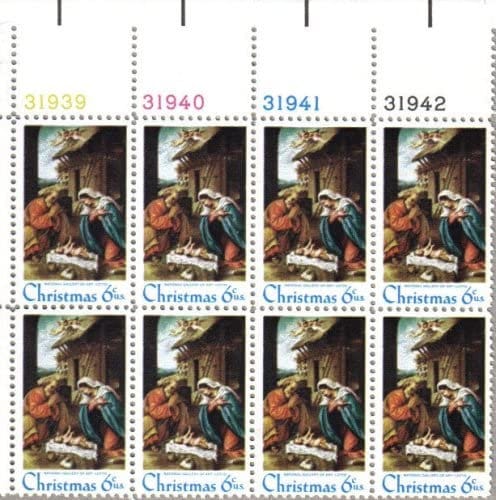 United States | 1970 Traditional Christmas Nativity Plate Block of Eight 6-Cent US Postage Stamps Mint Never Hinged Multicolored Stamp Multicolored