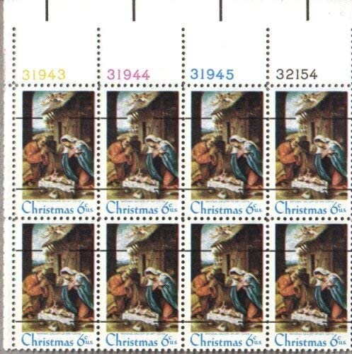 United States | 1970 Traditional Christmas Nativity Plate Block of Eight 6-Cent US Postage Stamps Mint Never Hinged, Precancel Multicolored Stamp Multicolored