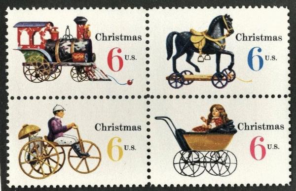 United States | 1970 Vintage Christmas Toys Block of Four 6-Cent US Postage Stamps Mint Never Hinged Multicolored Stamp Multicolored