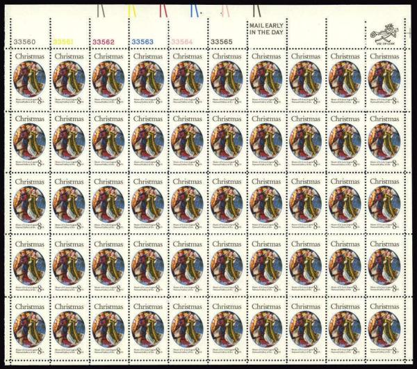 United States | 1972 Mary Queen of Heaven Sheet of Fifty 8-Cent US Christmas Postage Stamps Issued 1972 Multicolored Stamp Multicolored