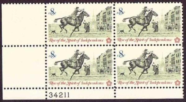 United States | 1973 Colonial Post Rider Plate Block of Four 8-Cent United States Postage Stamps Multicolored Stamp Multicolored