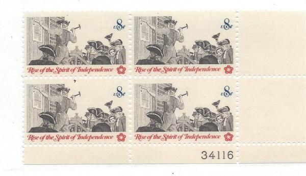 United States | 1973 Colonist Posting A Broadside Plate Block of Four 8-Cent United States Postage Stamps Multicolored Stamp Multicolored